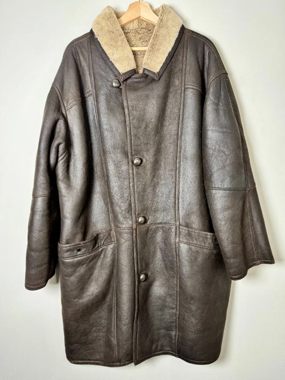 Vintage Denimax Paris NY Genuine Shearling Leather Car Coat Brown XXL